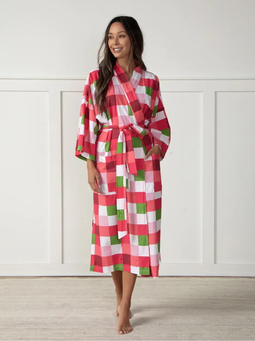 Printfresh Cotton Plaid Kimono Robe in Red, Pink, Green & White
